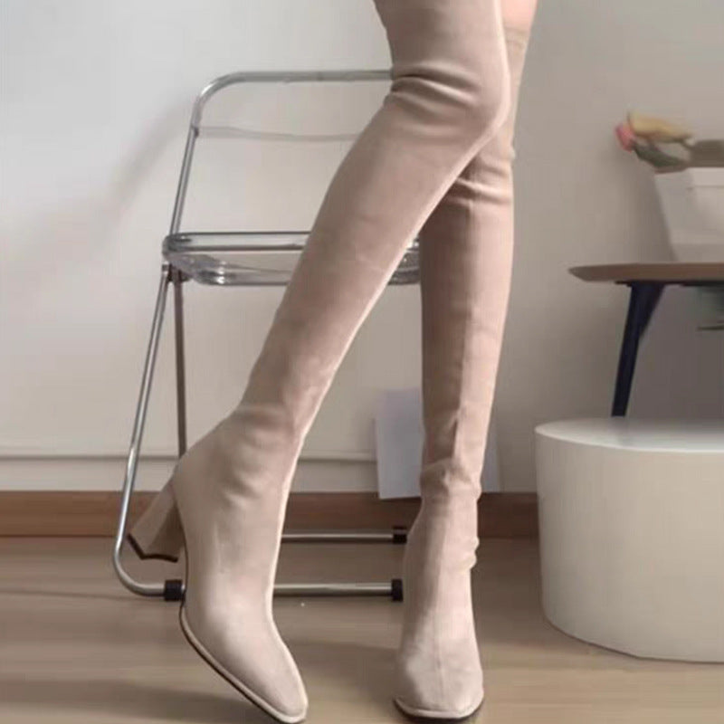 Stretchy Over-the-knee Chunky-heeled Boots For Fall And Winter