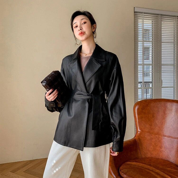 All-match Loose Belt Small Leather Jacket