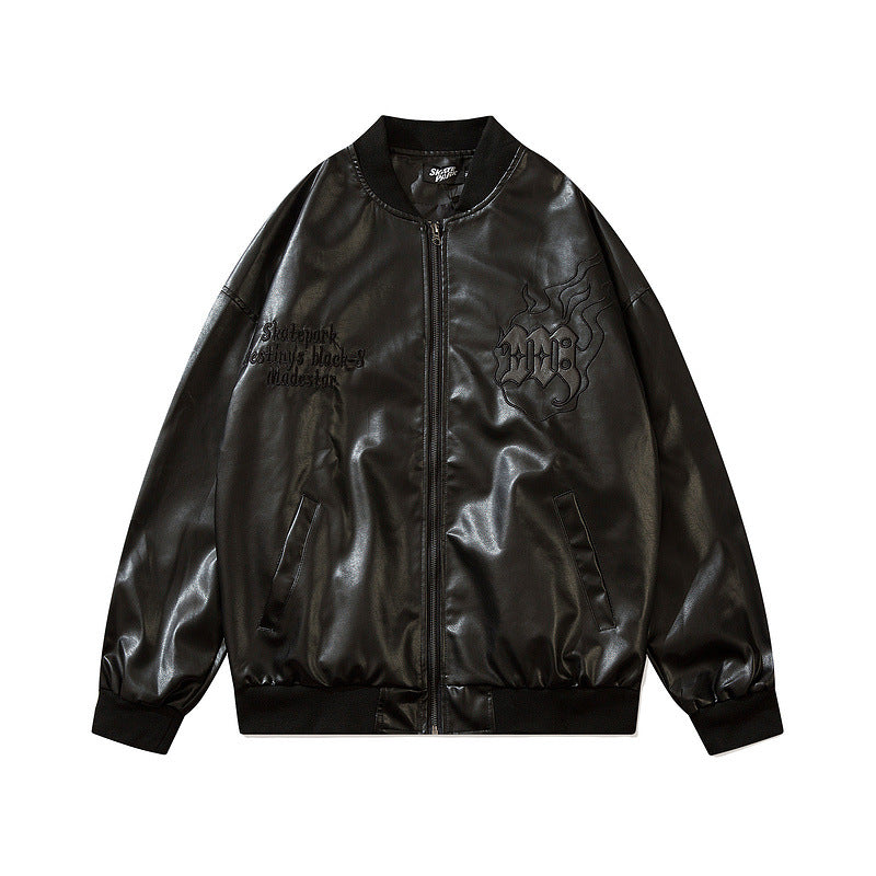 PU Faux Leather Loose Baseball Jacket For Men And Women