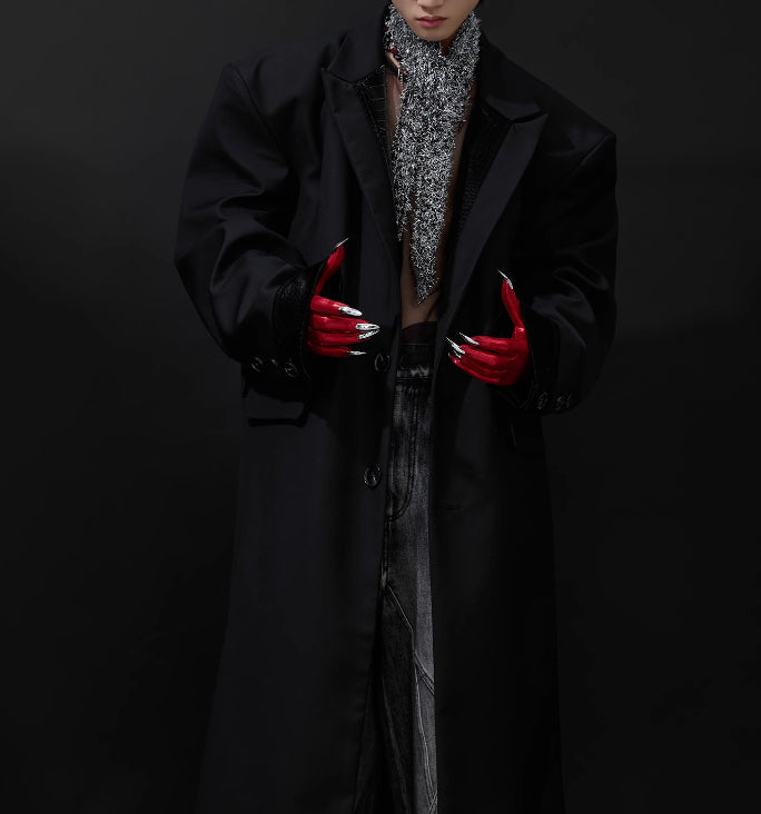 Black Padded Shoulder Coat PU Leather Stitching Design Over The Knee