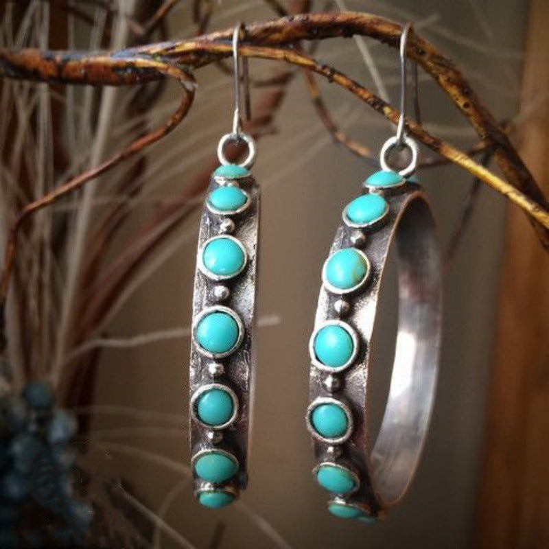 Retro European And American Ring-Style Turquoise-Inlaid Earrings