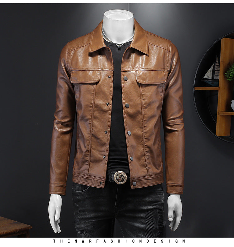 Men's Long-sleeved Lapel Motorcycle Pu Handsome Leather Coat