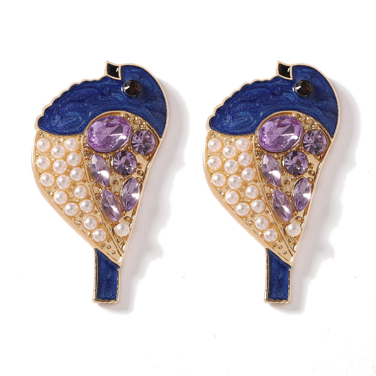 Creative And Cute Rhinestone-Embellished Bird Earrings With Imitation Pearls For Women