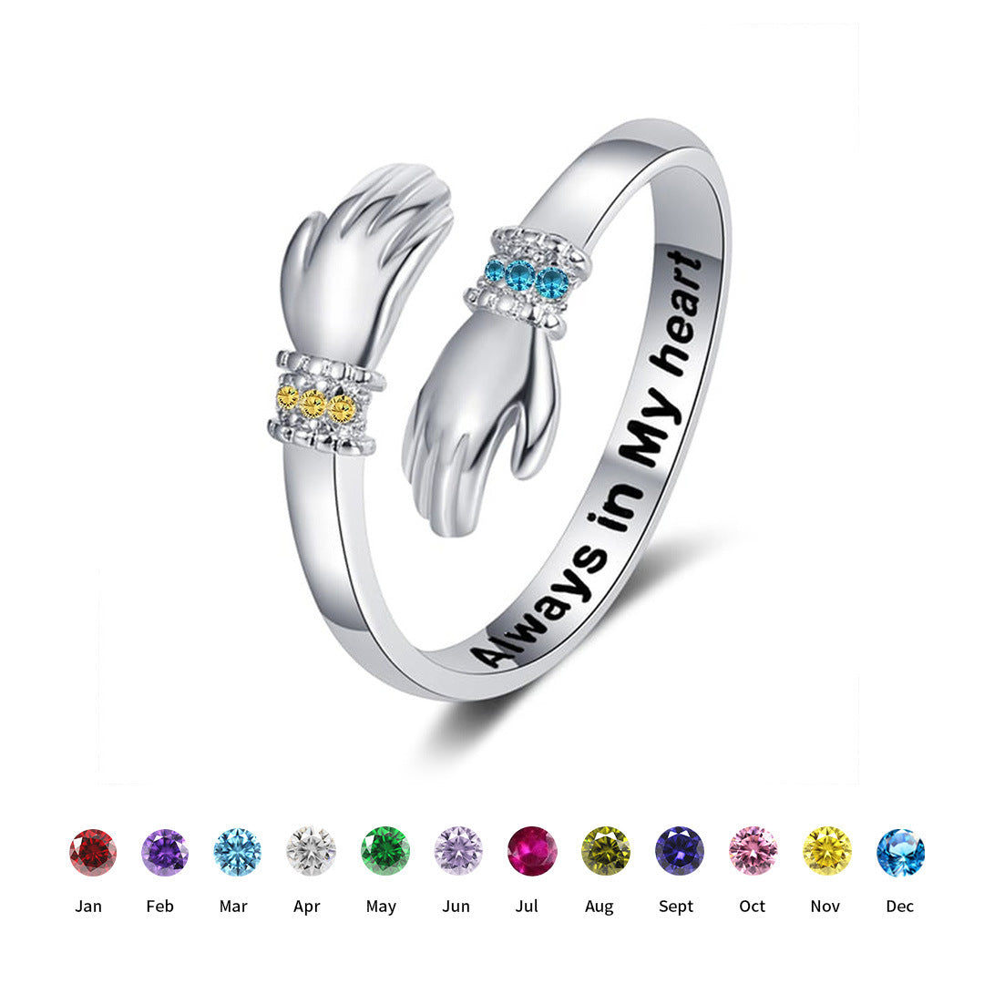 Embrace Personalized Birthday Stone Ring With Both Hands