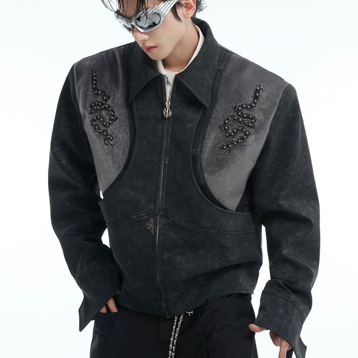 Niche Pattern Snakeskin Stitching Jacket Rivet Embroidery PU Leather Coat