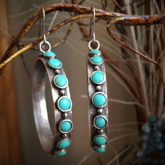 Retro European And American Ring-Style Turquoise-Inlaid Earrings