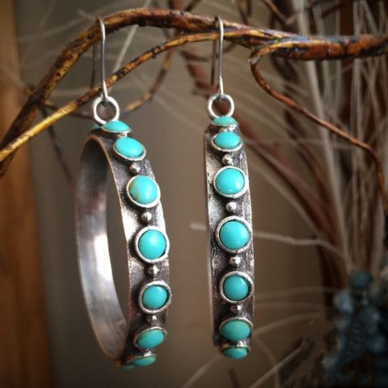 Retro European And American Ring-Style Turquoise-Inlaid Earrings