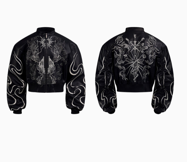 Design Back Embroidery Short Leather Coat