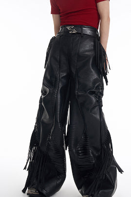 Niche Original Design Tassel PU Leather Pants