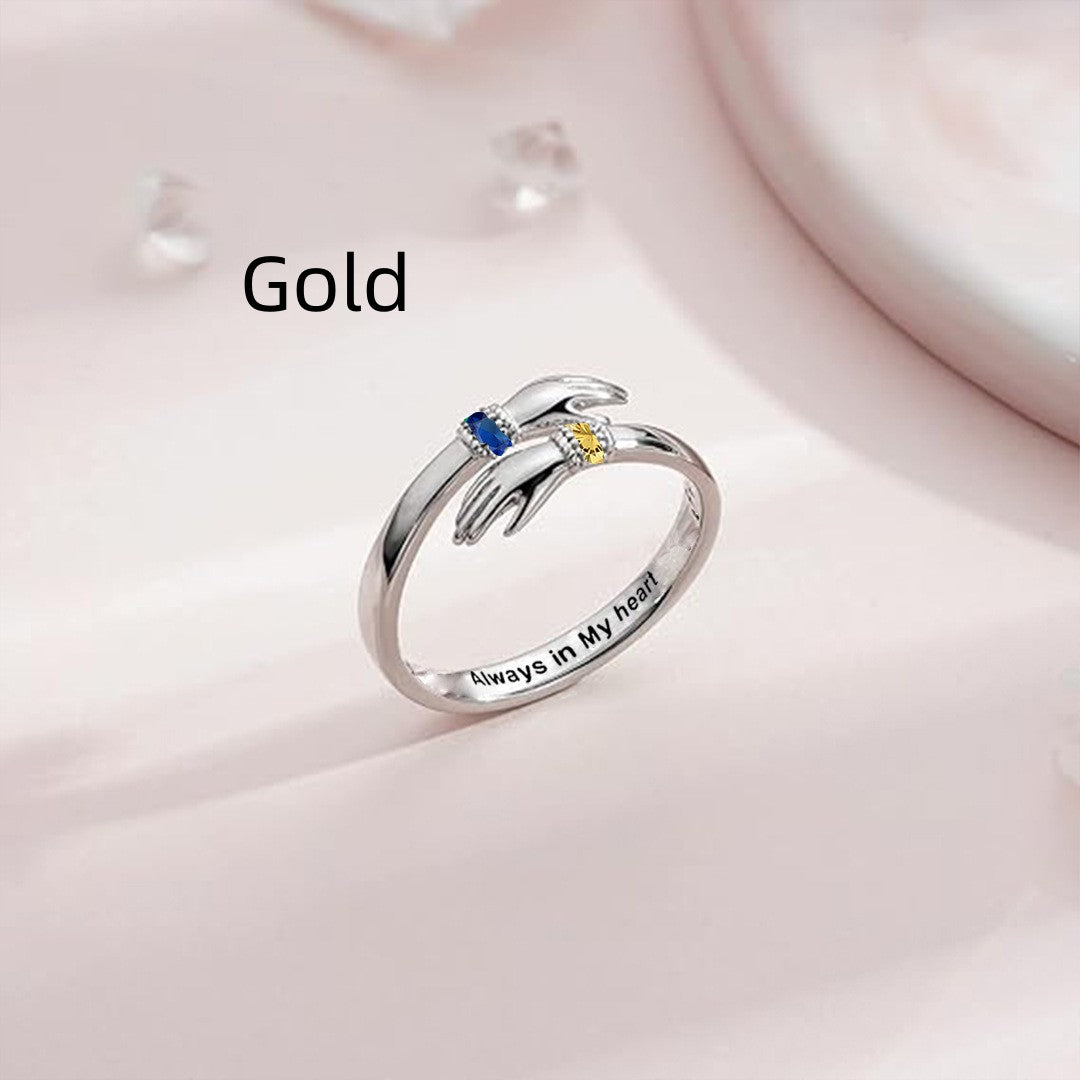 Embrace Personalized Birthday Stone Ring With Both Hands