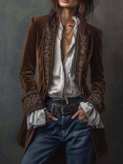 Long Sleeve Solid Color Stitching Lace Pleuche Coat