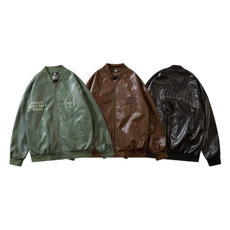 PU Faux Leather Loose Baseball Jacket For Men And Women