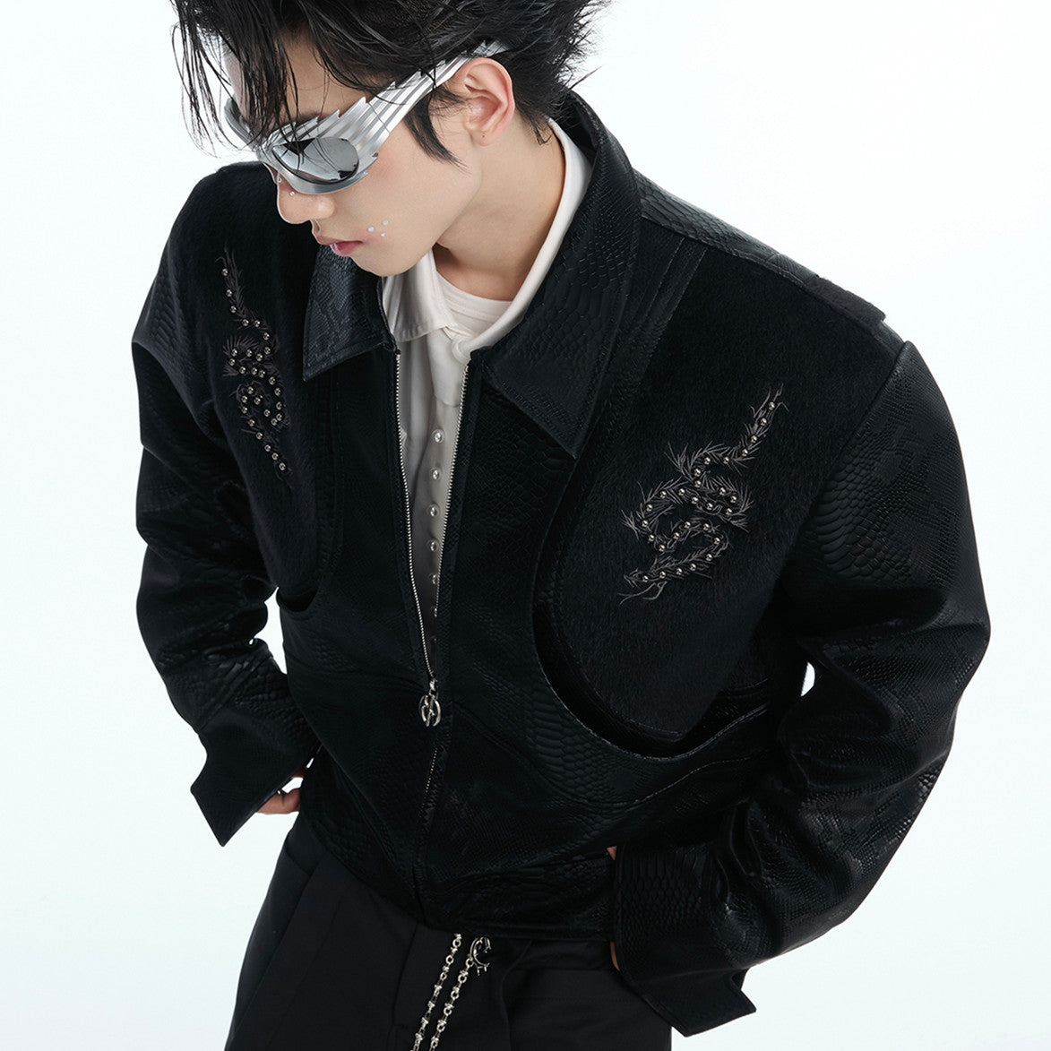 Niche Pattern Snakeskin Stitching Jacket Rivet Embroidery PU Leather Coat