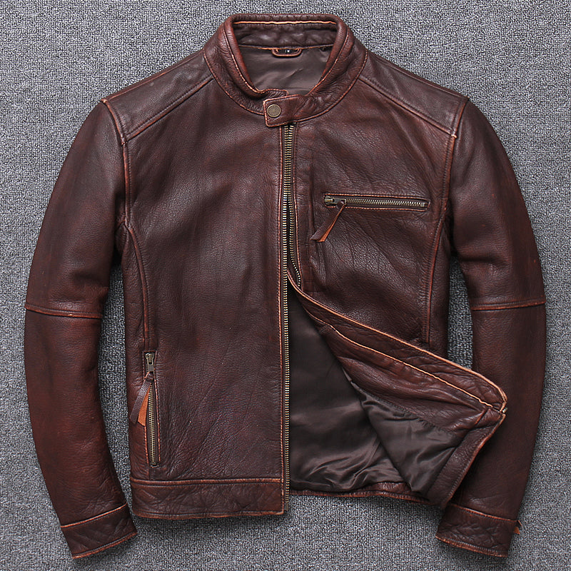 Top Layer Cowhide Leather Men's Stand-up Collar Leather Jacket