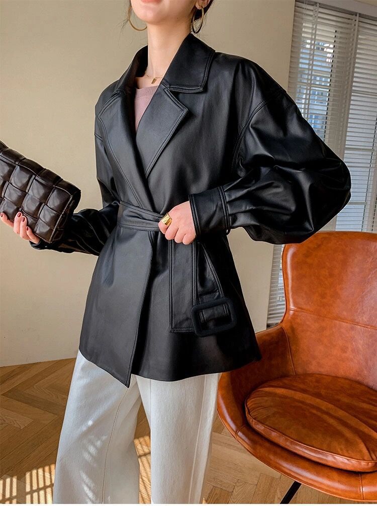 All-match Loose Belt Small Leather Jacket