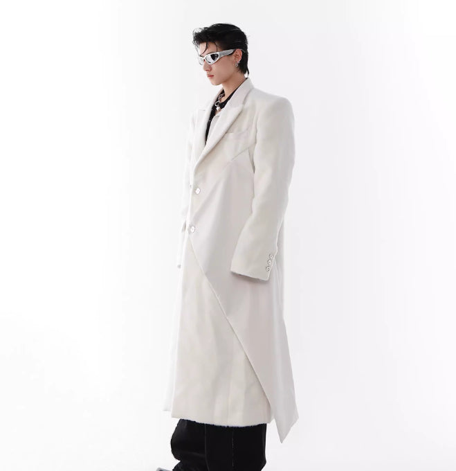 Padded Shoulder Woolen Coat PU Leather Stitching Design Long Trench Coat White Over The Knee