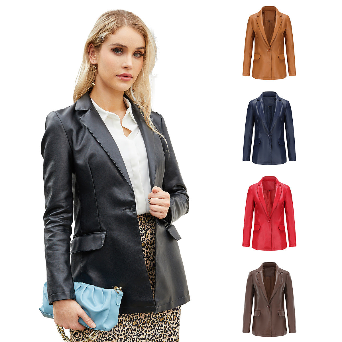 Single Button Commute Leisure Solid Color Leather Coat