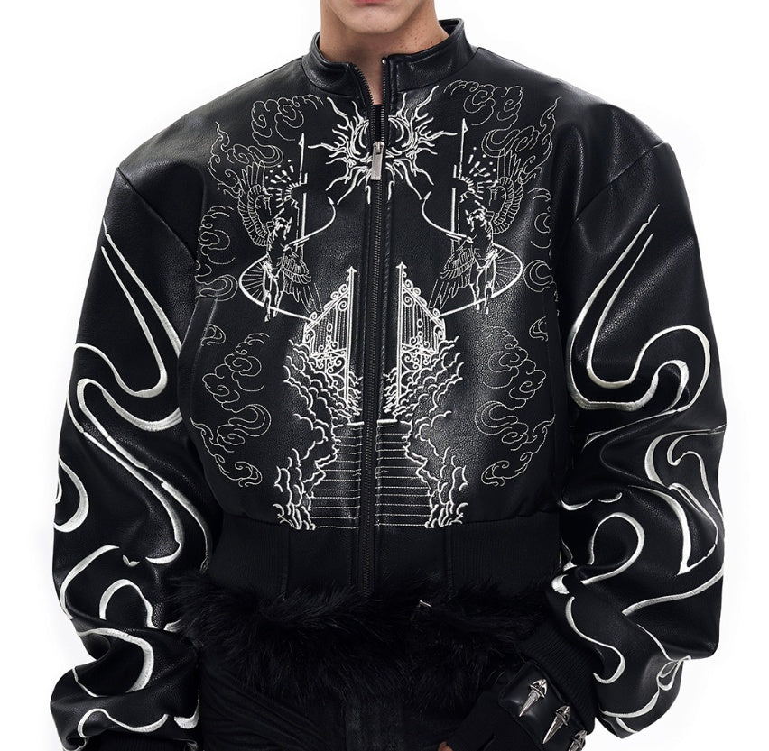 Design Back Embroidery Short Leather Coat