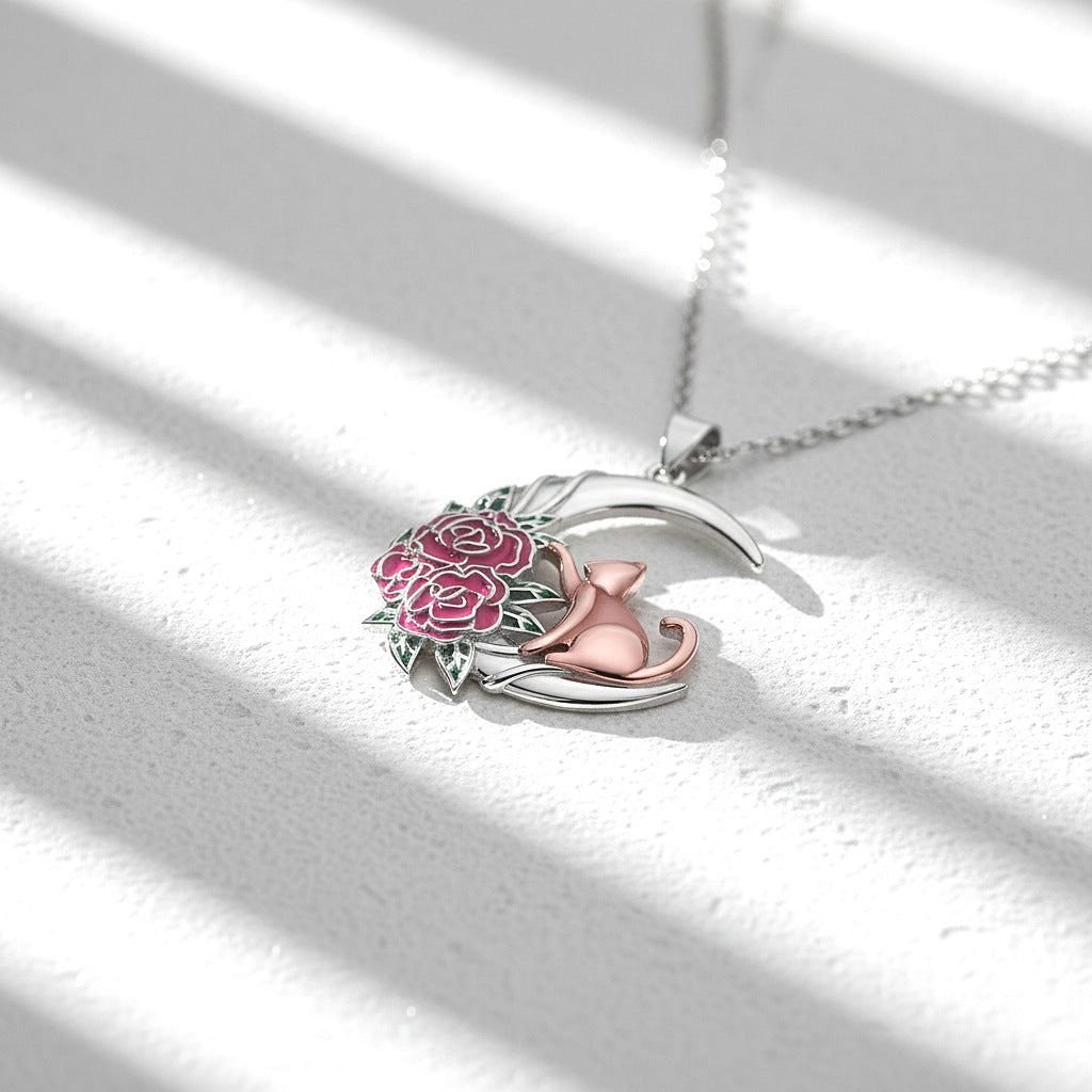 Rose Gold Cat And Rose Necklace