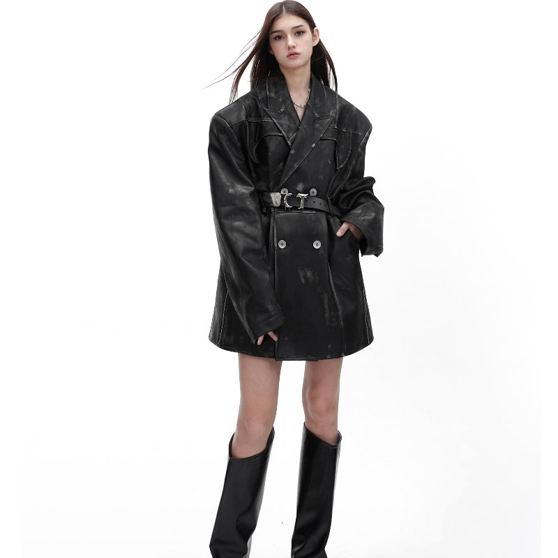 Heavy Niche Deconstruction Retro Distressed PU Leather Suit Jacket