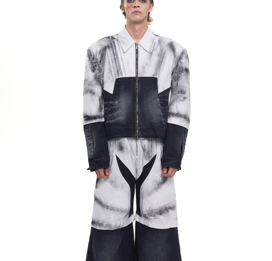 Short Leather Patchwork Denim Coat Men's Autumn Niche Boys Hand Painted Spray Dirty Jacket