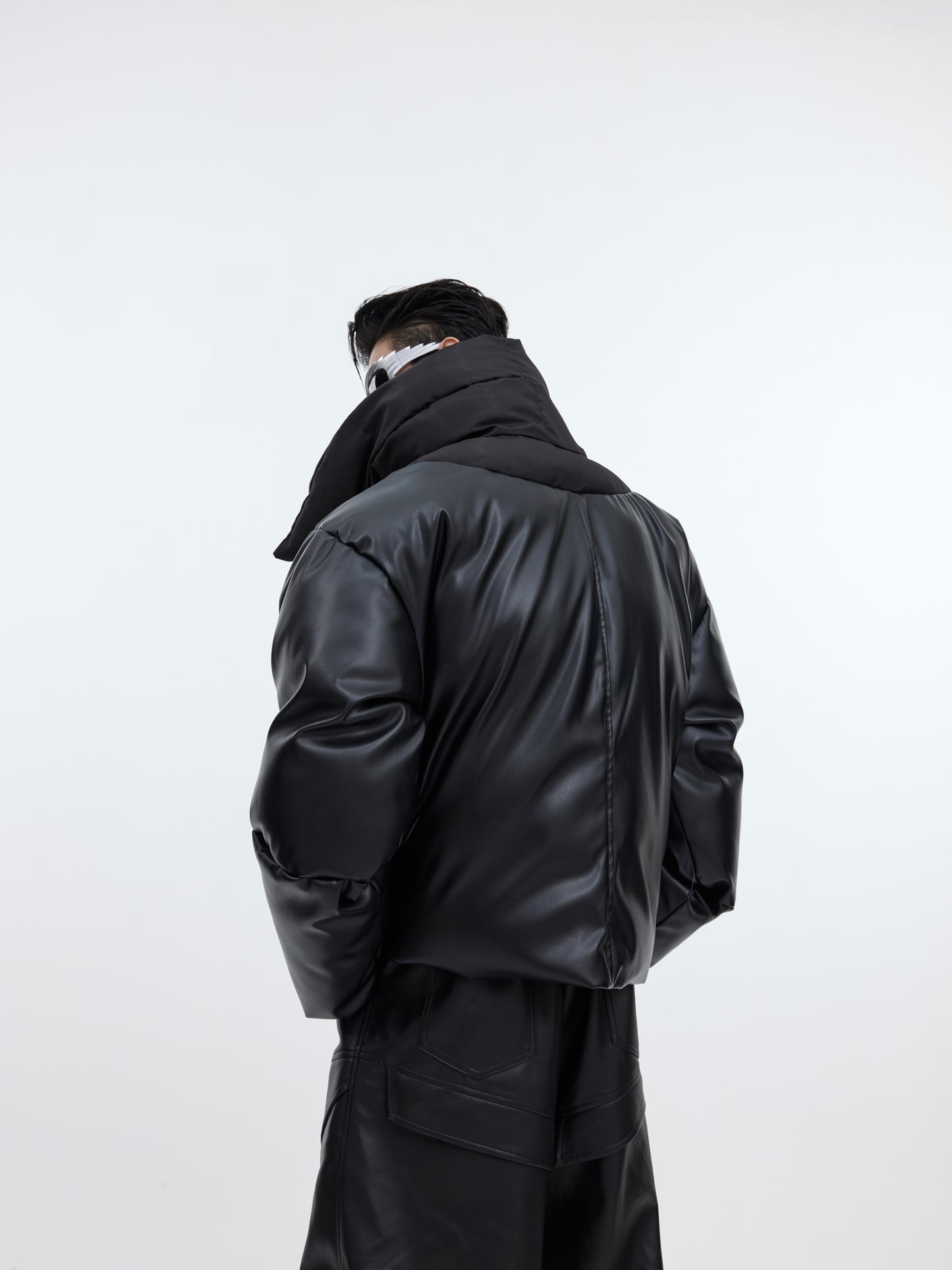 Double-layer Collar Design Cotton Coat Jacket Glossy PU Leather Stitching Thickening Cotton-padded Coat