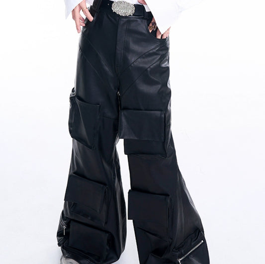 Autumn Three-dimensional Pocket Leather Pants Wide Leg