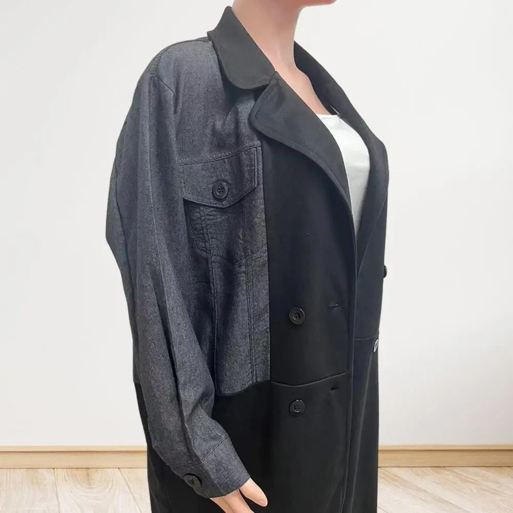 Women's Suit Collar Denim Stitching Mid-length Coat