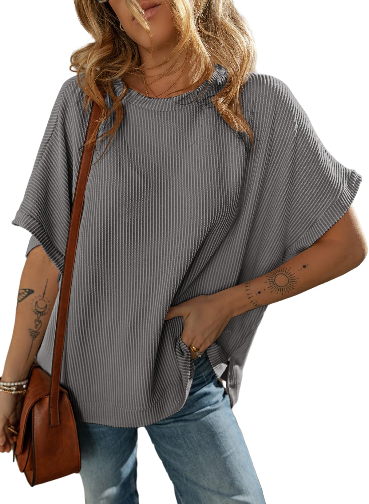 Women's Solid Color Knitted T-shirt Loose Casual Pullover