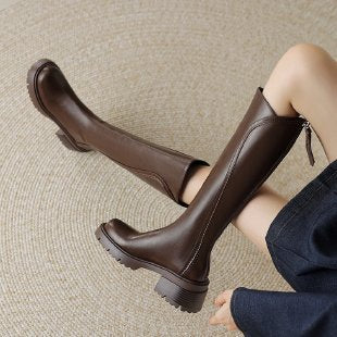 Spring And Autumn Velvet-lined Retro Long Riding Boots With Back Zipper