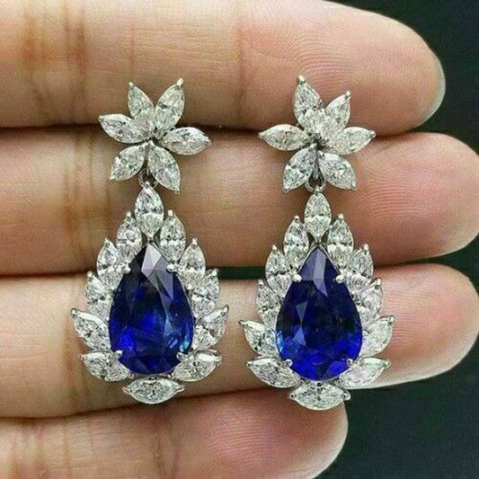 Womens Retro Sapphire Blue Waterdrop Pear-Shaped Diamond-Encrusted Earrings