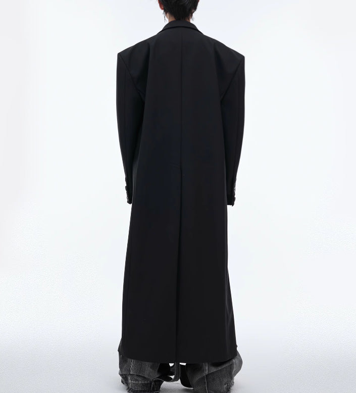 Black Padded Shoulder Coat PU Leather Stitching Design Over The Knee