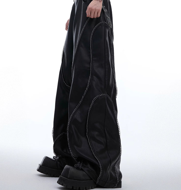 Make Old Metal Chain Wrapped Leather Casual Pants