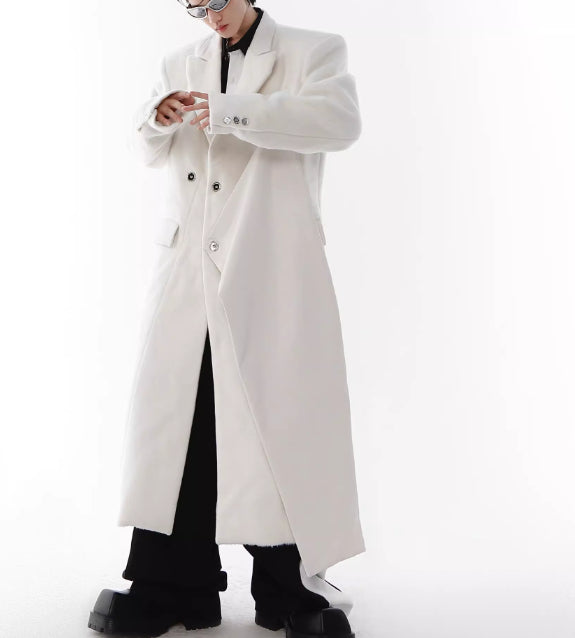 Padded Shoulder Woolen Coat PU Leather Stitching Design Long Trench Coat White Over The Knee