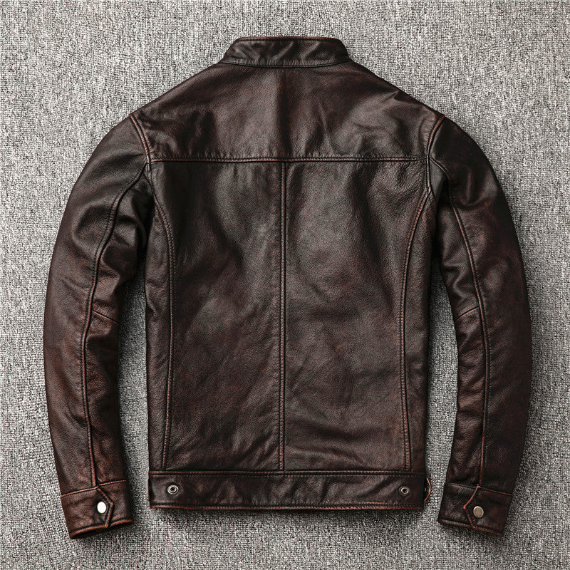 Top Layer Cowhide Vintage Distressed Stand-up Collar Motorcycle Leather Jacket