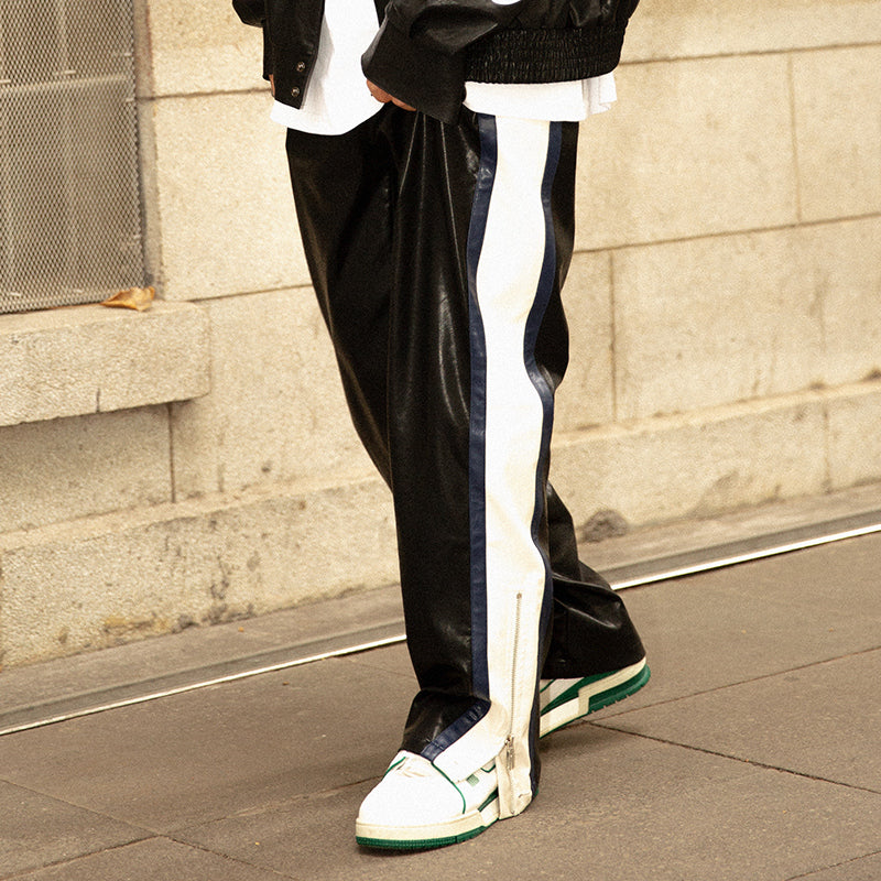 Men's Striped Leather Pants Loose And Straight