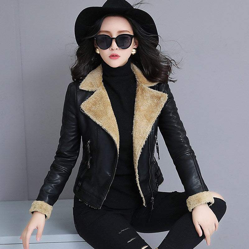 Women's leather leather jacket short fur coat plus velvet thick sheepskin jacket