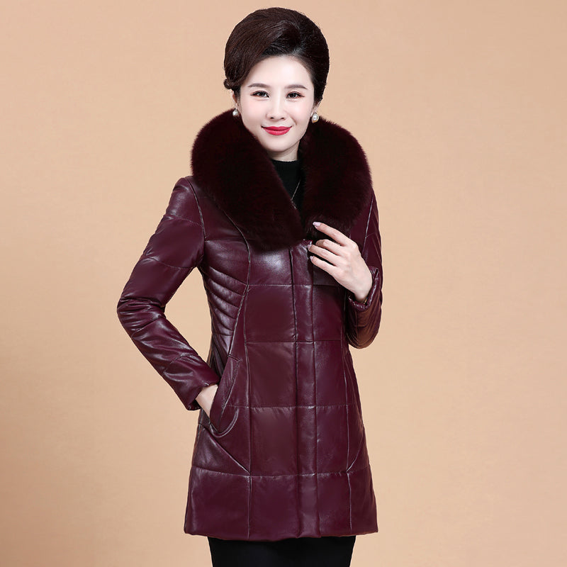 Women's Medium Long Fur Collar Thickened Large Leather Down Jacket