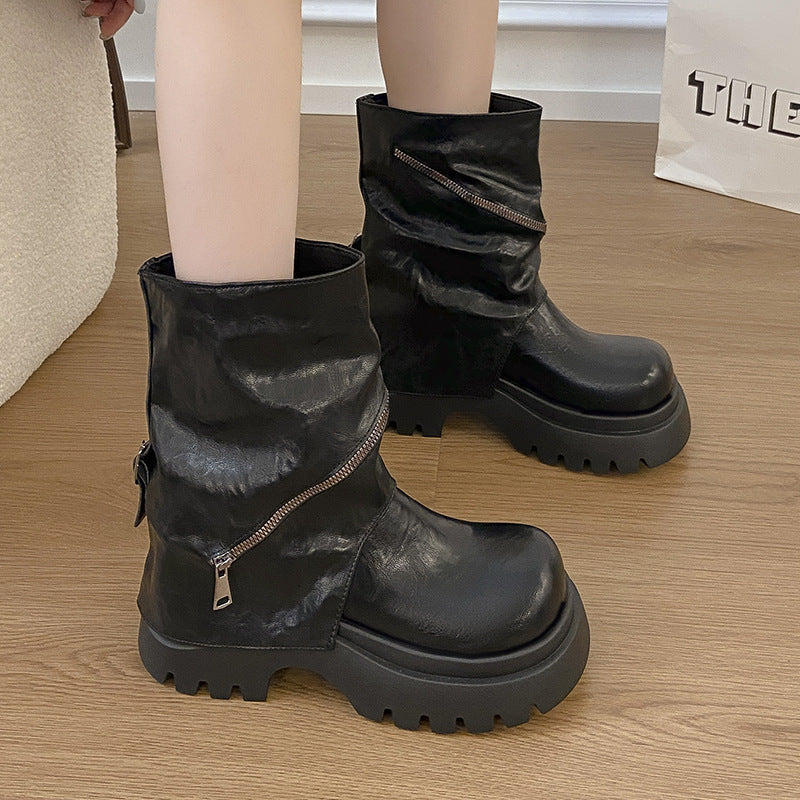 Brown Maillard-effect Thick-soled Autumn Height-increasing Baggy-trousered Boots