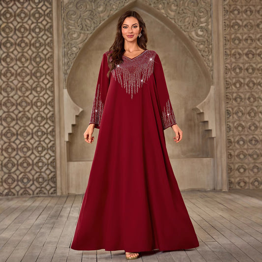 Fashion Rhinestone V-neck Casual Loose Dubai New Dress