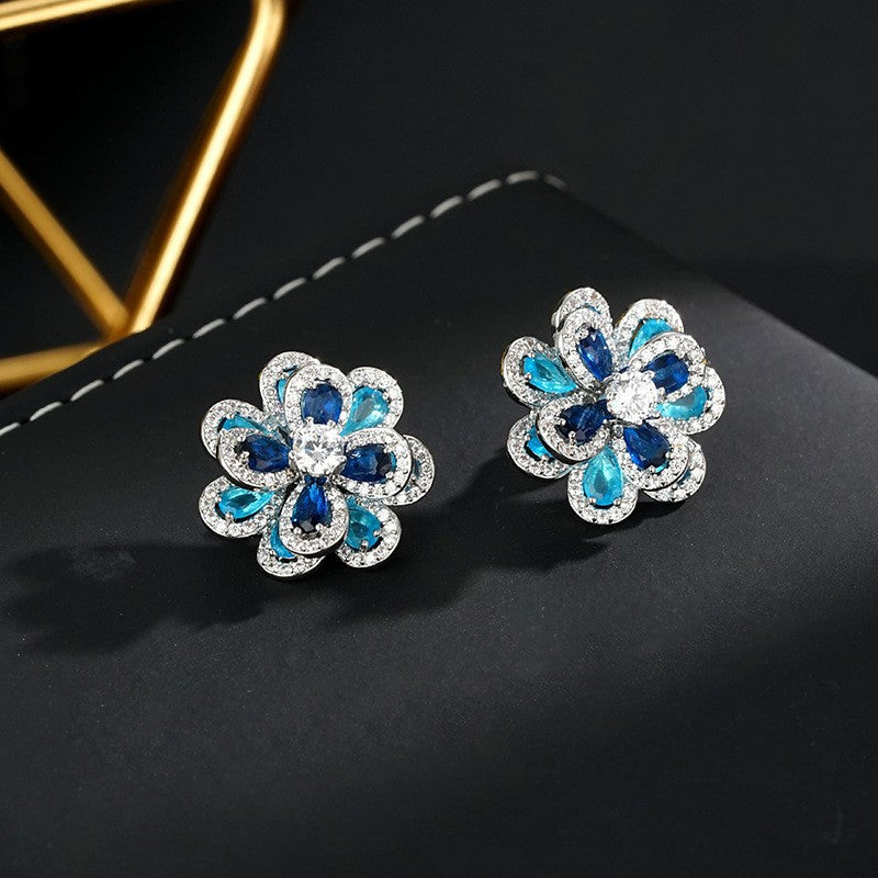 Sapphire Double-layer Flower Zircon Earrings