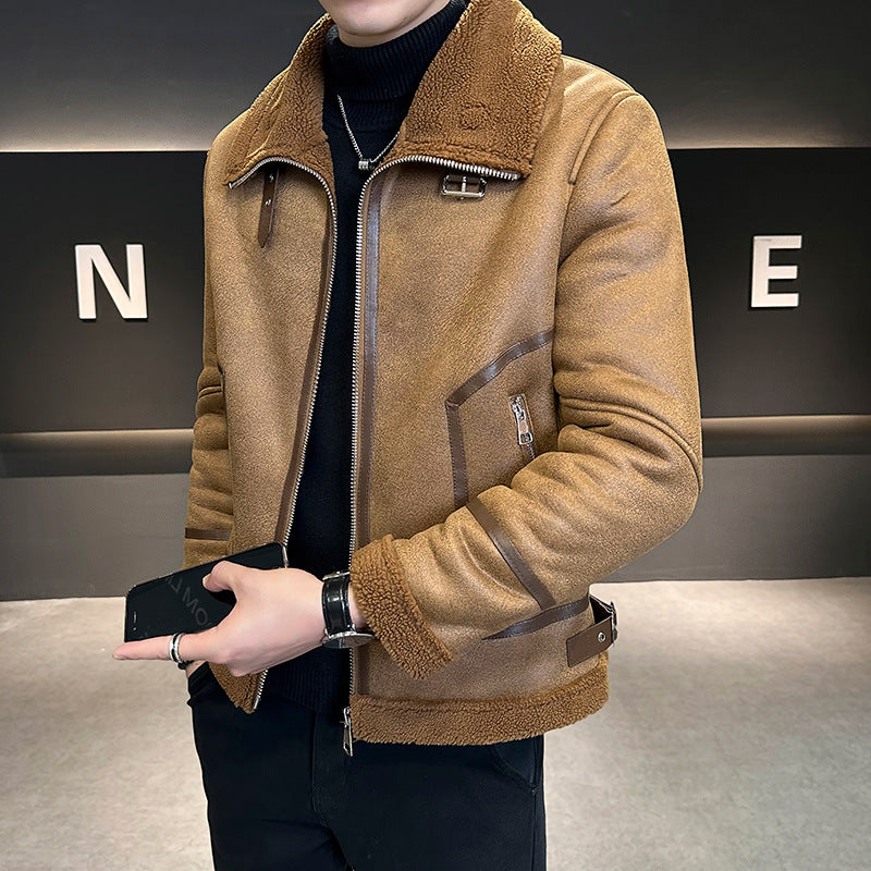 Winter Fur Integrated Lamb Fur Fleece-lined Thick Leather Coat Men