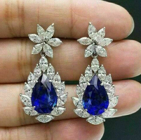 Womens Retro Sapphire Blue Waterdrop Pear-Shaped Diamond-Encrusted Earrings