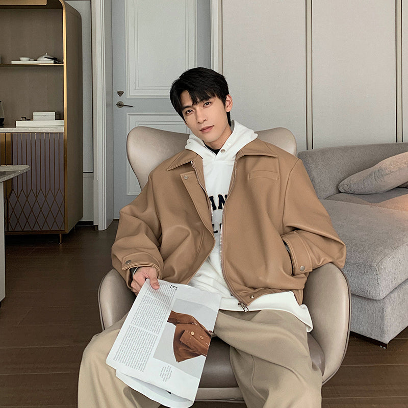 Handsome Short Trendy Casual PU Leather Winter Retro Jacket