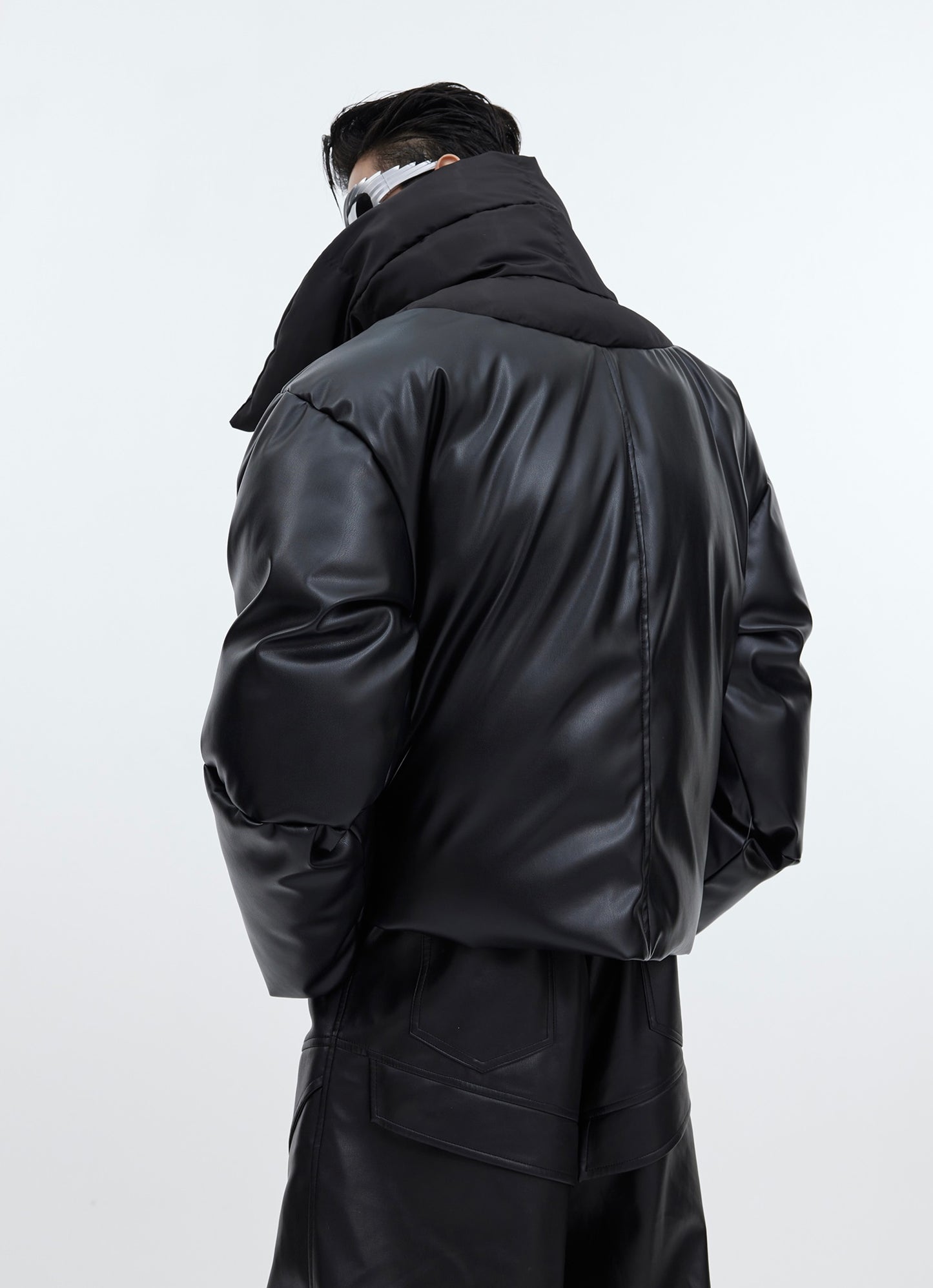 Double-layer Collar Design Cotton Coat Jacket Glossy PU Leather Stitching Thickening Cotton-padded Coat