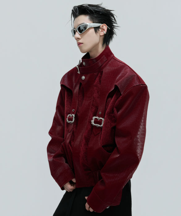 Scale Short Jacket Stand Collar Horse Hair Stitching Heavy Design Leather Coat