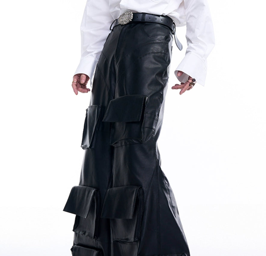 Autumn Three-dimensional Pocket Leather Pants Wide Leg