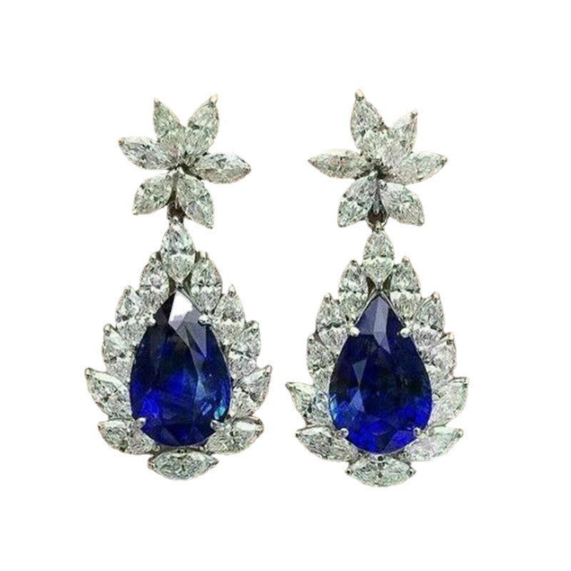 Womens Retro Sapphire Blue Waterdrop Pear-Shaped Diamond-Encrusted Earrings