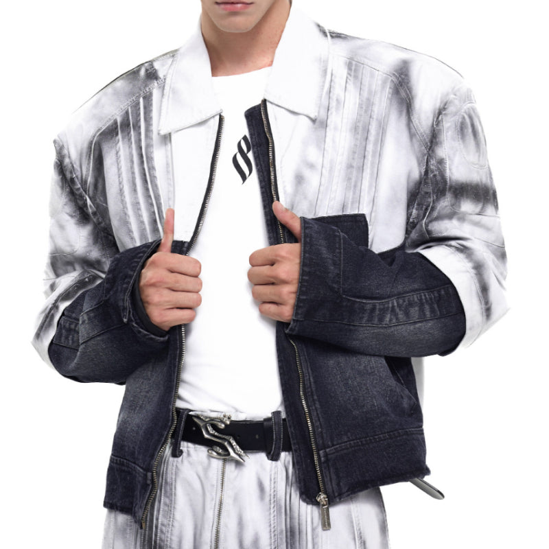 Short Leather Patchwork Denim Coat Men's Autumn Niche Boys Hand Painted Spray Dirty Jacket