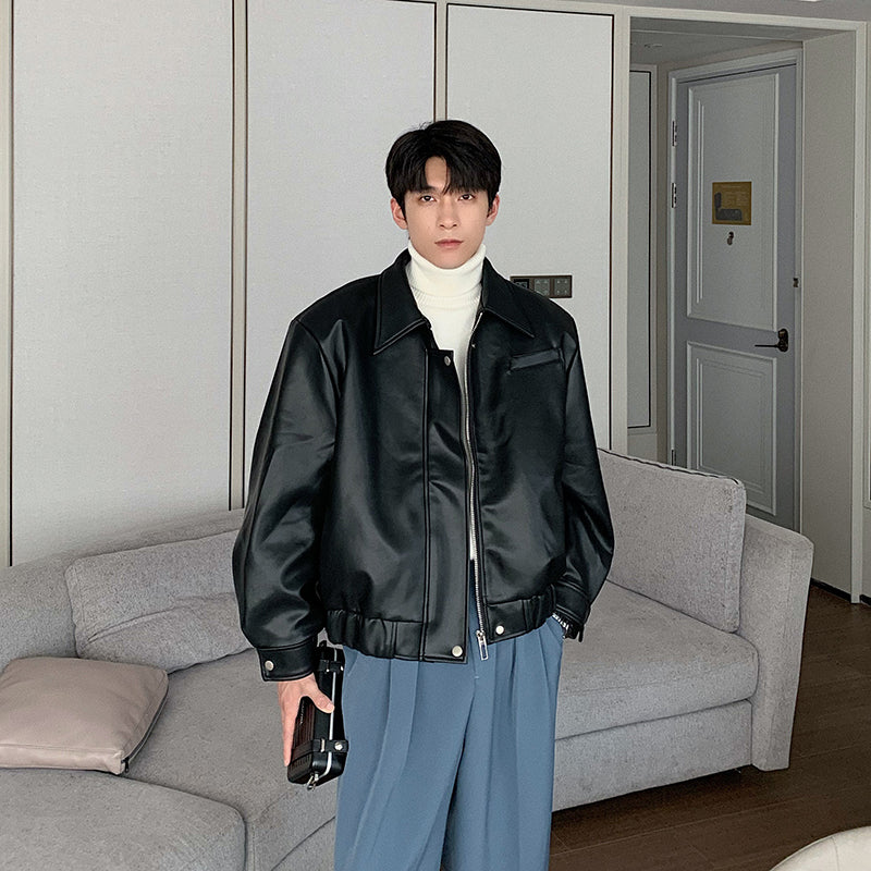 Handsome Short Trendy Casual PU Leather Winter Retro Jacket